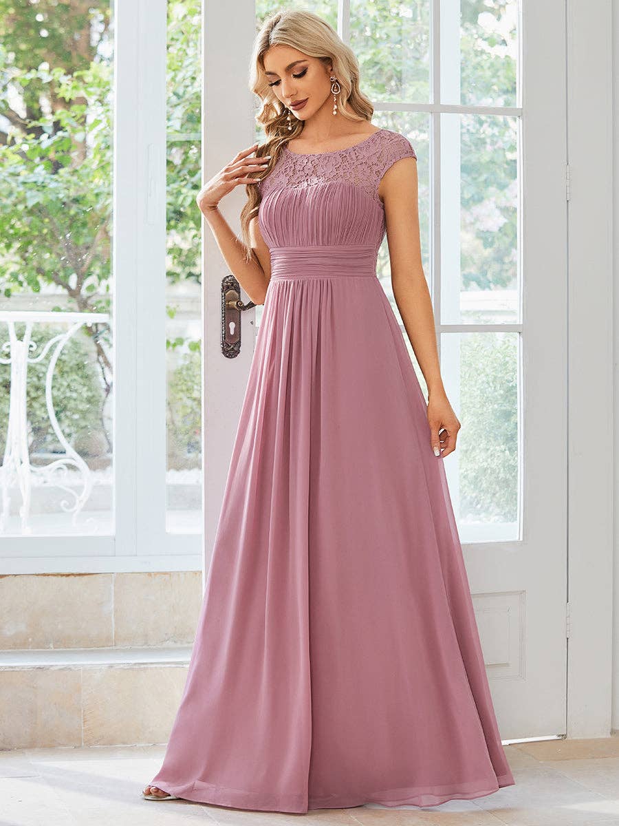 Cap Sleeve A Line Lace & Chiffon Evening Dress