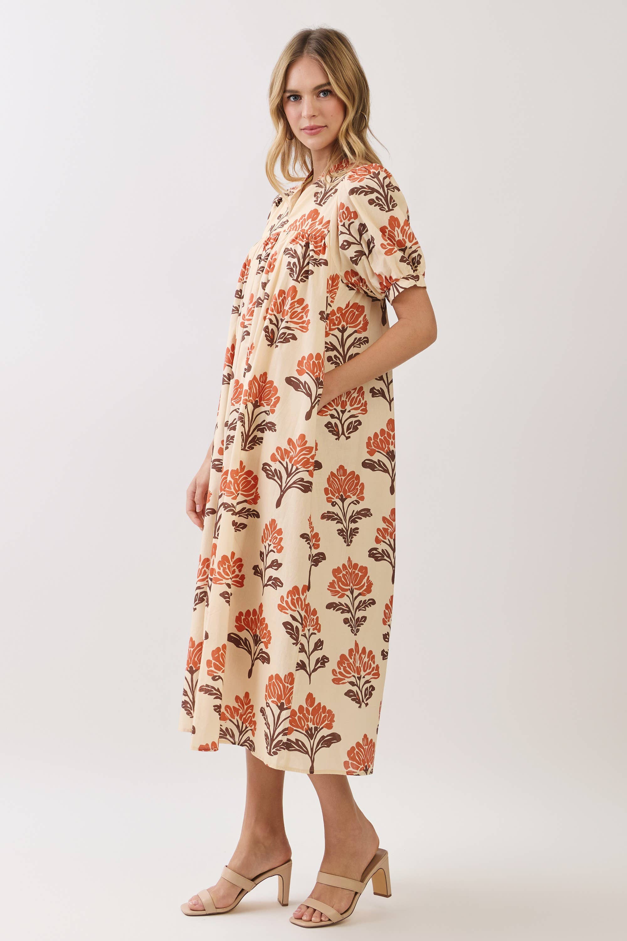 CD07309-Botanical Print Babydoll Midi Dress