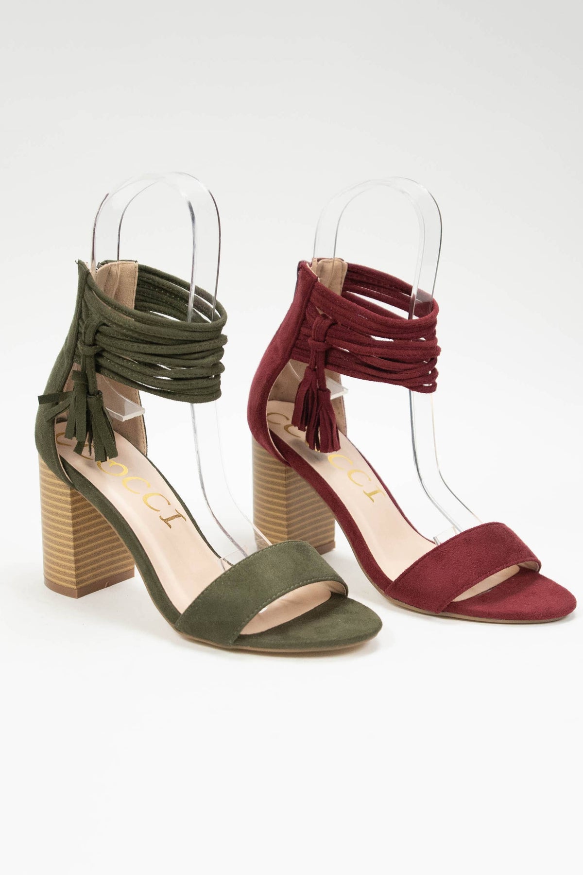 CCOCCI-3 Tassel Wrap Ankle Strap Block Heel Sandals