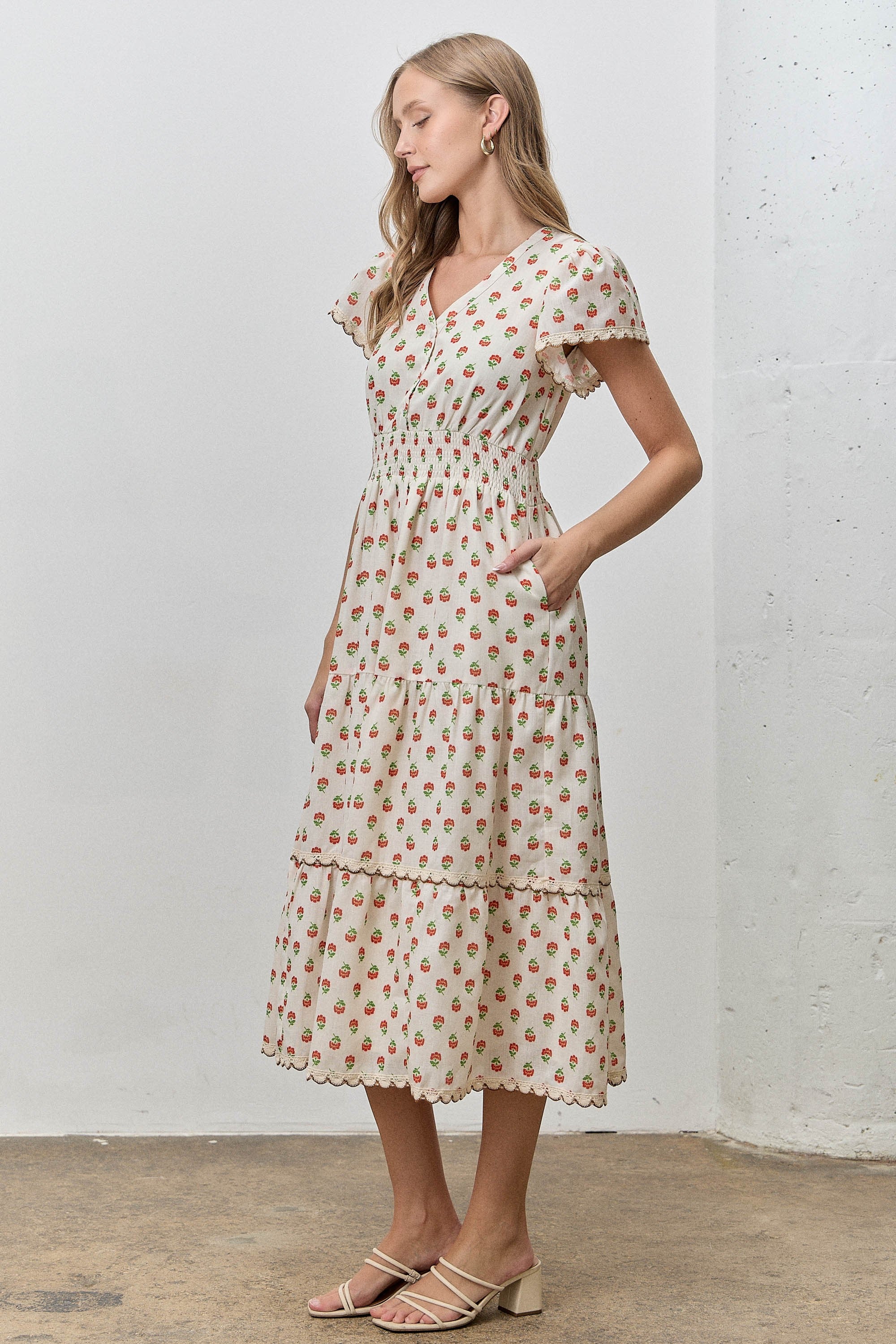 Floral Print Tiered Midi Dress