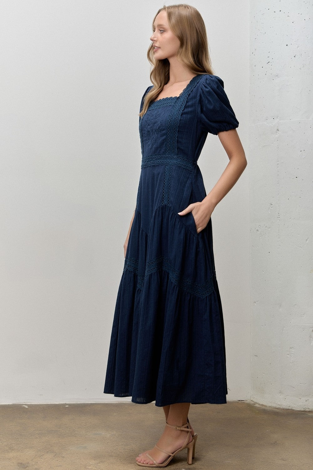 Navy Textured Woven Midi Dress