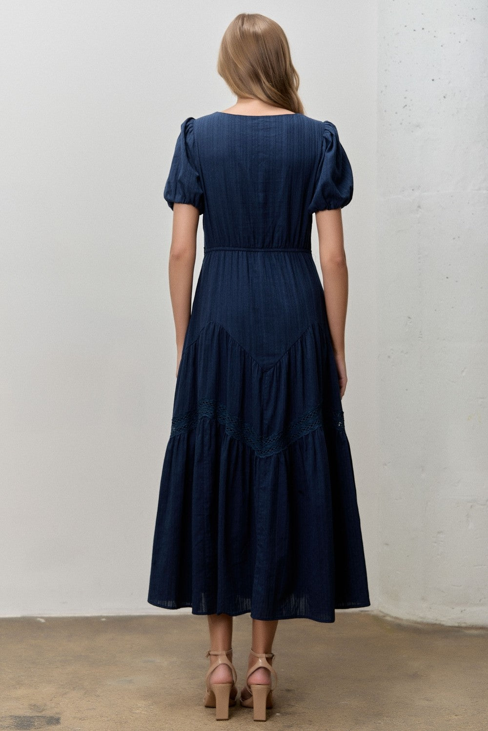 Navy Textured Woven Midi Dress