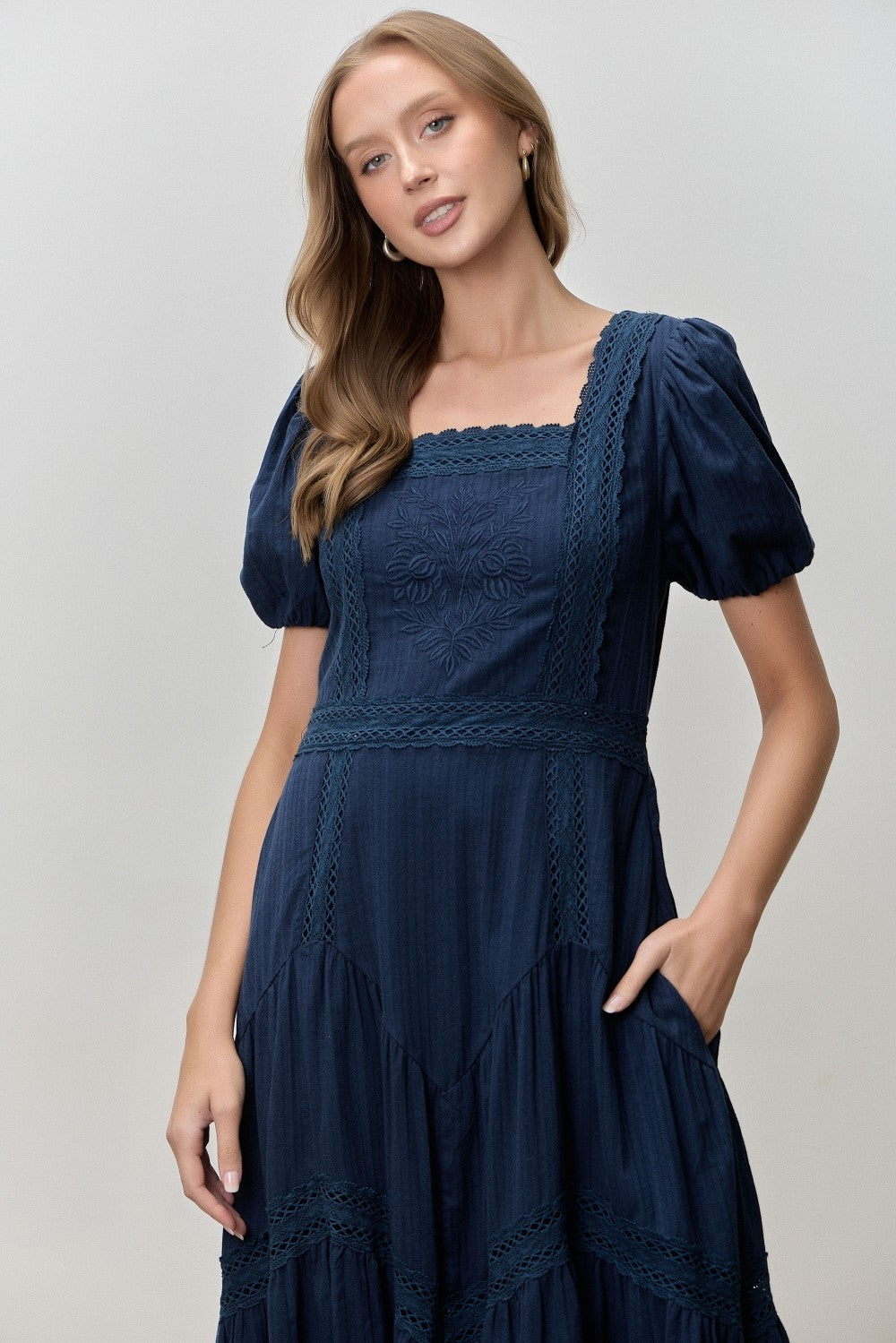 Navy Textured Woven Midi Dress